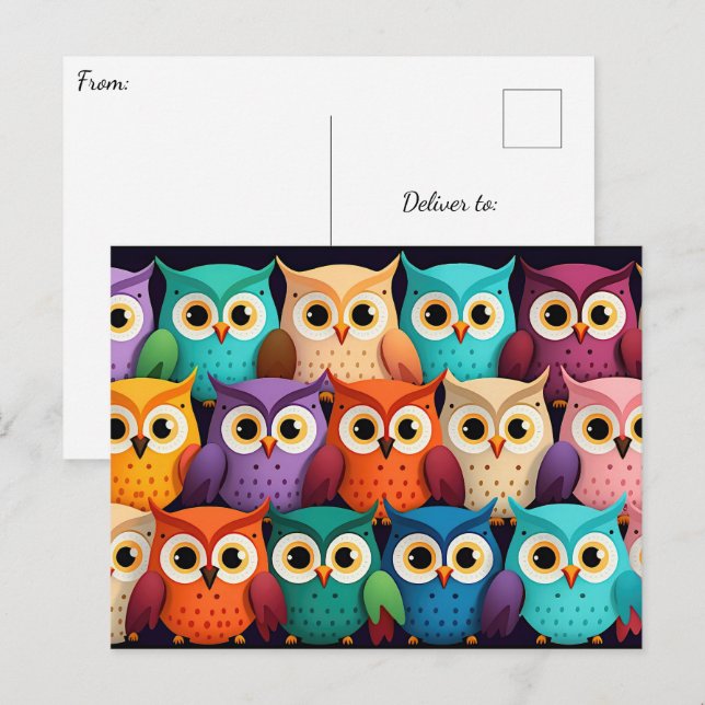 Cartão Postal Pequenas Corujas Coloridas (Frente/Verso)
