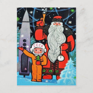 Cartão Postal Pequeno astronauta soviético com Papai Noel, safra