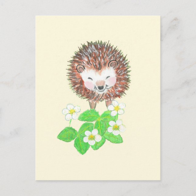 Cartão Postal Pequeno Cachorro e Flores de Morango Selvagem (Frente)