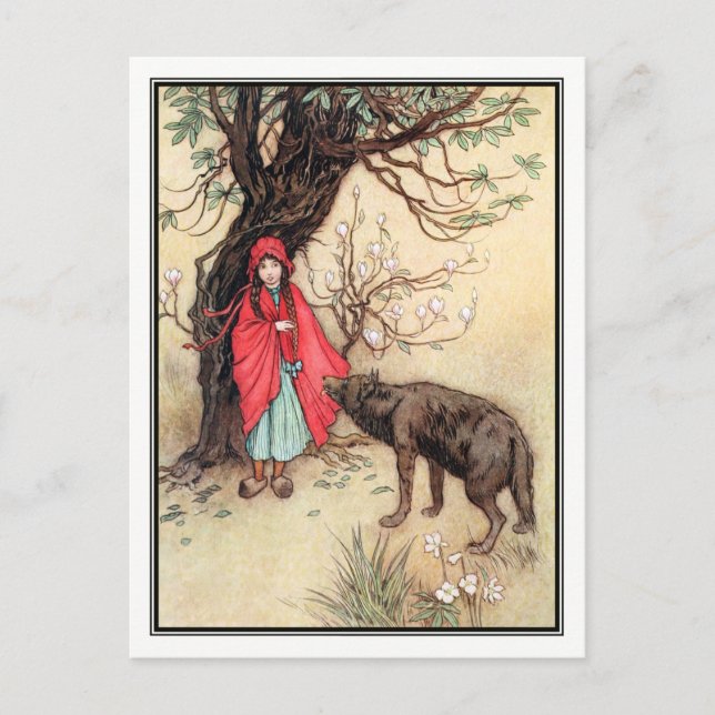 Cartão Postal Pequeno Capuz Vermelho Andando por Warwick Goble (Frente)