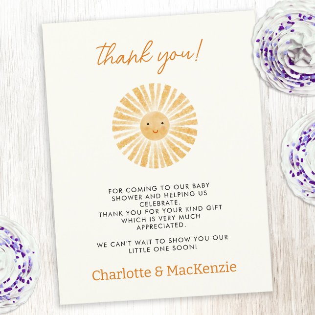 Cartão Postal Pequeno Chá de fraldas Sol Obrigado (Little ray of sunshine custom text baby shower thank you postcard)