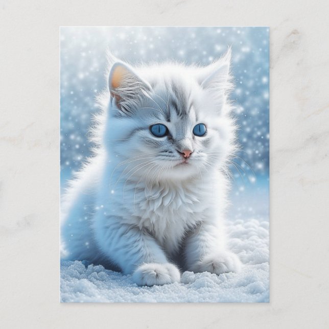 Cartão Postal Pequeno Gatinho Branco no Natal da Neve (Frente)