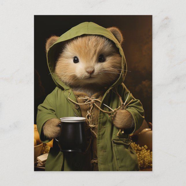 Cartão Postal Pequeno Hamster Adorável Com Café (Frente)
