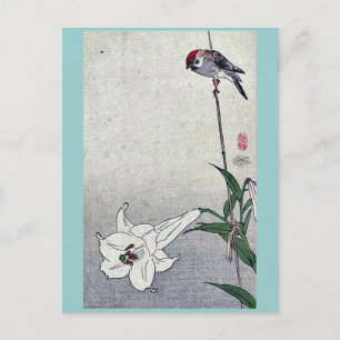 Cartão Postal Pequeno pássaro na planta líbia por Baison, Ukiyoe