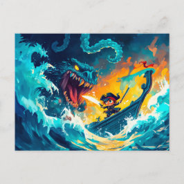 Cartão Postal Pequeno Pirata Batendo um Monstro do Mar no Alto S
