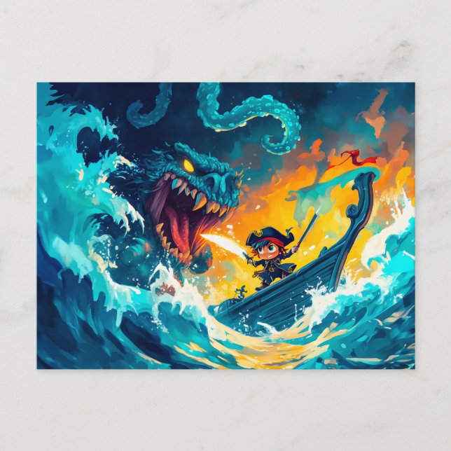 Cartão Postal Pequeno Pirata Batendo um Monstro do Mar no Alto S (Frente)