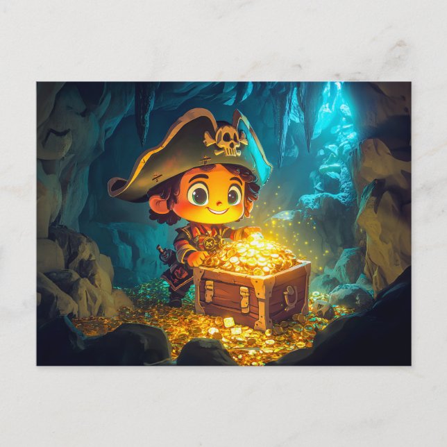 Cartão Postal Pequeno Pirata Descobre Tesouro em uma Caverna (Frente)