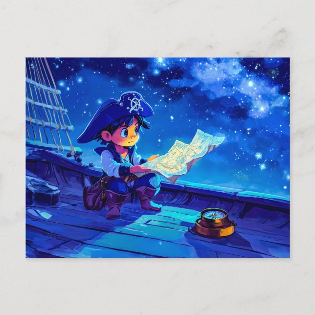 Cartão Postal Pequeno Pirata Navegando por Estrelas e Compass (Frente)