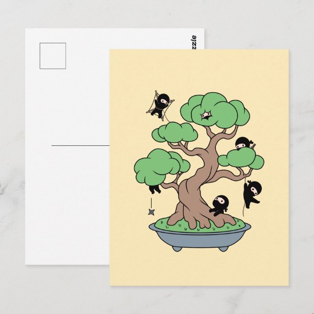 Cartão Postal Pequenos Ninjas em Bonsai Tree em Amarelo (Frente/Verso)