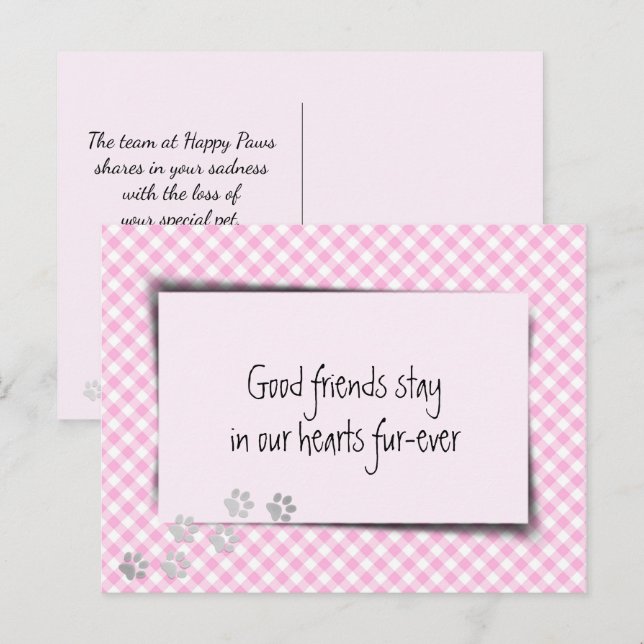 Cartão Postal Perda de Animal de Estimação em Xadrez Rosa do Vet (Frente/Verso)