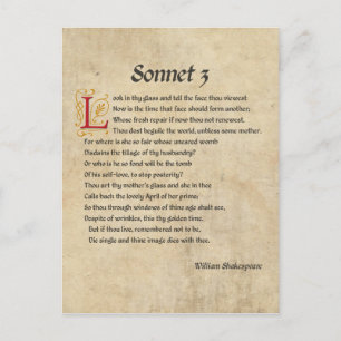Cartão Postal Pergaminho Shakespeare Sonnet 3
