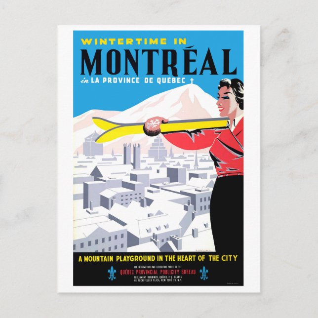 Cartão Postal Período de inverno em Montreal, mulher com equipam (Frente)