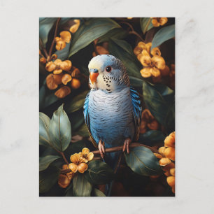 Cartão Postal Periquito Azul Papagaio Flores Amarelas
