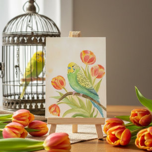 Cartão Postal Periquito com Tulipas