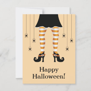 Cartão Postal Pernas de Bruxa Laranja e Aranhas Feliz Halloween
