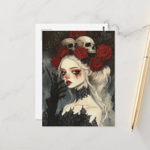 Cartão Postal Persephone Goth Rosas Vermelhas Caveiras