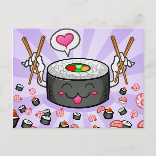 Cartão Postal Personagem de Desenho de Sushi Comendo Muito Camar (Frente)