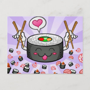 Cartão Postal Personagem de Desenho de Sushi Comendo Muito Camar