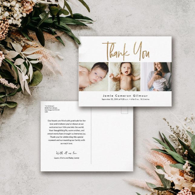 Cartão Postal Personalizado 3 Fotos para Bebês Dourado Nasciment (Gold Script thank you 3 photo birth announcement shower thank you postcards.)