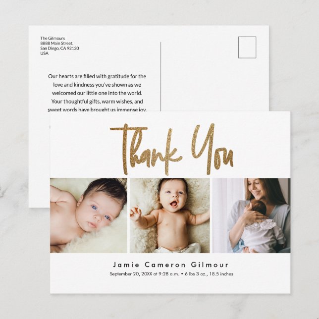 Cartão Postal Personalizado 3 Fotos para Bebês Dourado Nasciment (Frente/Verso)