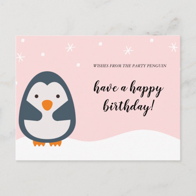 Cartão Postal Personalizado - Aniversário de Pinguim Ilustrado R (Frente)