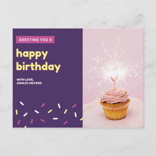 Cartão Postal Personalizado - Aniversário do Cupcake Rosa e Viol (Frente)