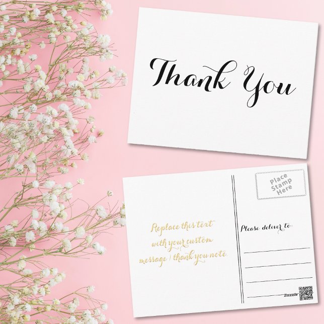 Cartão Postal Personalizado Elegante Script Preto Branco Obrigad (Personalized Elegant Black Script White Thank You Postcard)