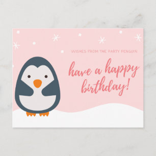 Cartão Postal Personalizado - Pinguim Ilustrado Rosa Aniversário