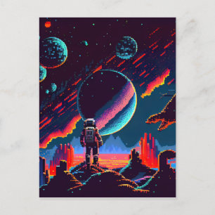 Cartão Postal Personalizar - Astronauta Espacial Retro de 8 Bits