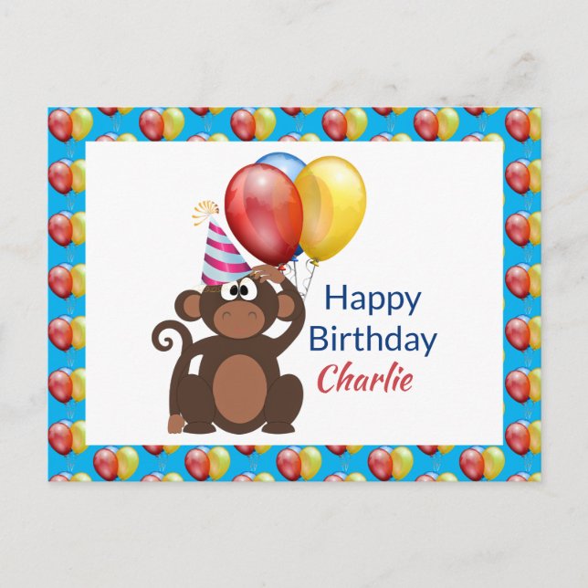 Cartão Postal Personalizar o Feliz Macaco de Aniversário e Balõe (Frente)