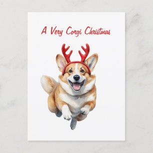 Cartão Postal Personalize Corgi de Natal com chifres de rena 