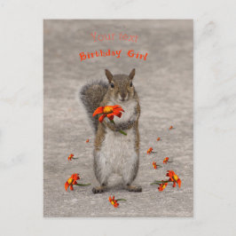 Cartão Postal Personalize Esquilo com flor para Menina de Aniver