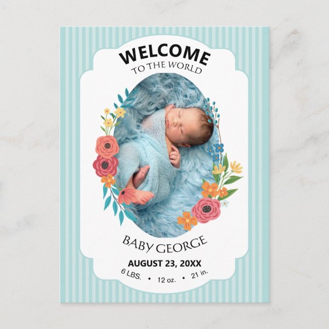Cartão Postal personalized baby blue floral Birth announcements (Frente)