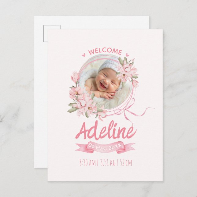 Cartão Postal personalized baby blue floral Birth announcements (Frente/Verso)