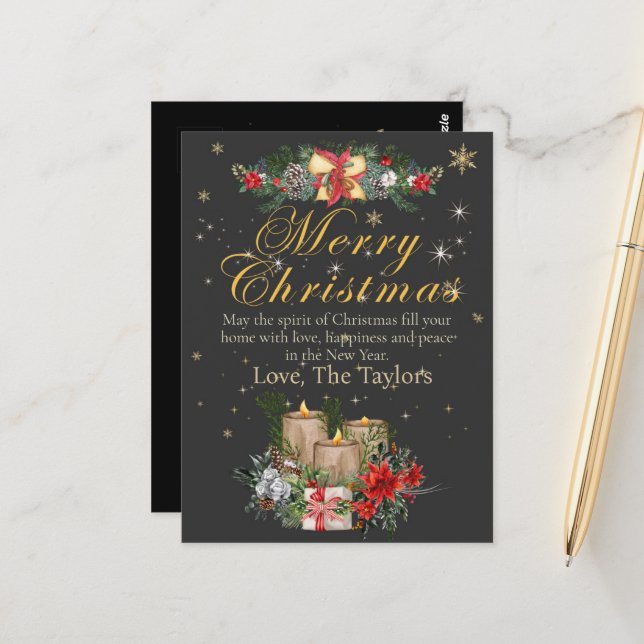 Cartão Postal Personalized  Black Gold Merry Christmas Cards  (Frente/Verso In Situ)