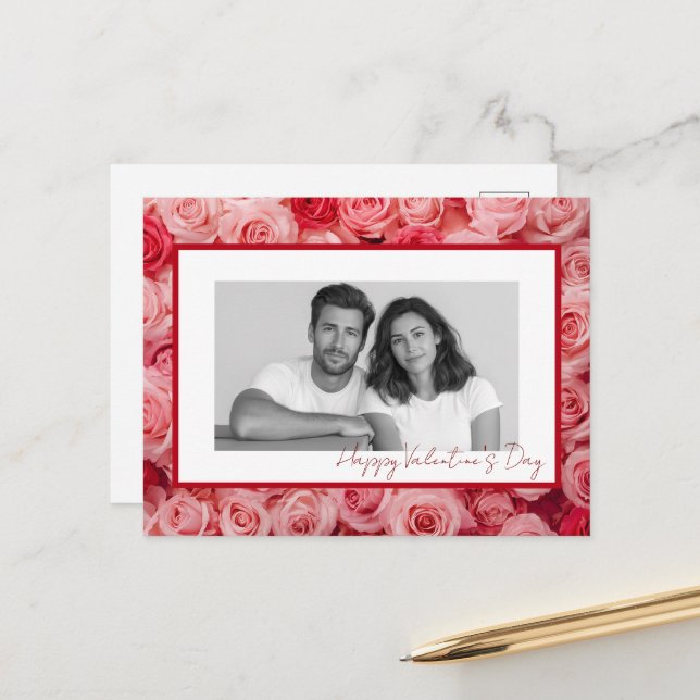 Cartão Postal Personalized Couple Photo Valentine Roses Card (Frente/Verso In Situ)