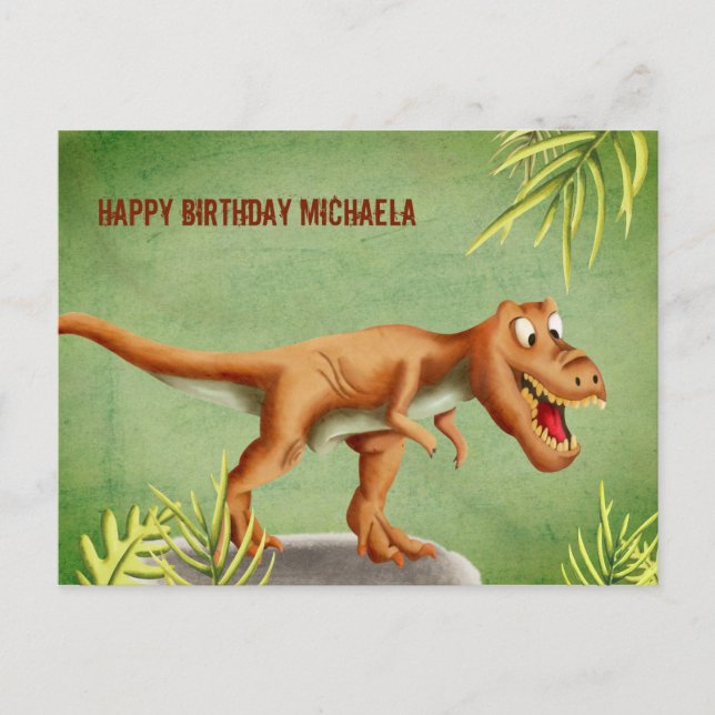 Cartão Postal Personalized Cute T-Rex Dinosaur Happy Birthday (Frente)