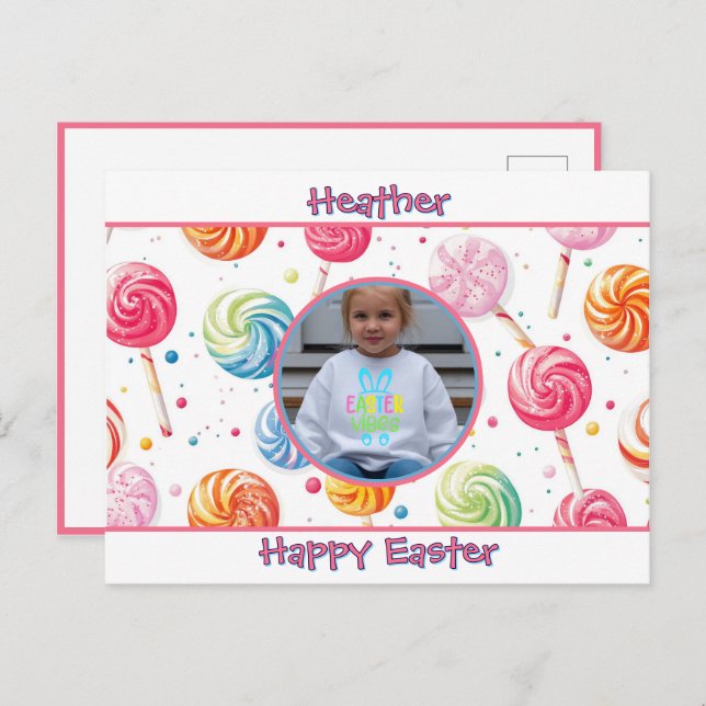 Cartão Postal Personalized Happy Easter Lollipop Candy Photo (Frente/Verso)