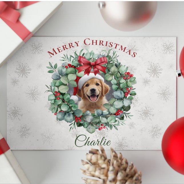 Cartão Postal Personalized Pet Christmas with Wreath & Name (Criador carregado)