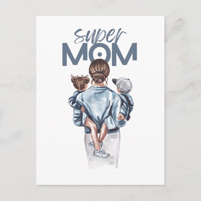 Cartão Postal Personalized Super Mom with Son and Daughter Gift (Frente)