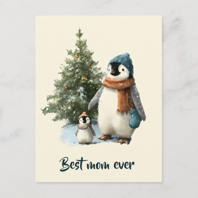 Cartão Postal Personalized Winter Penguin “Best Mom Ever” (Frente)