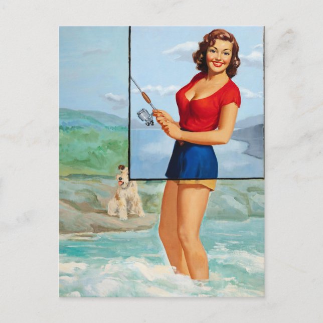Cartão Postal Pesca Com Pinup De Cão (Frente)