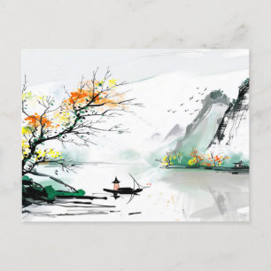 Cartão Postal Pescador chinês em lago de montanha