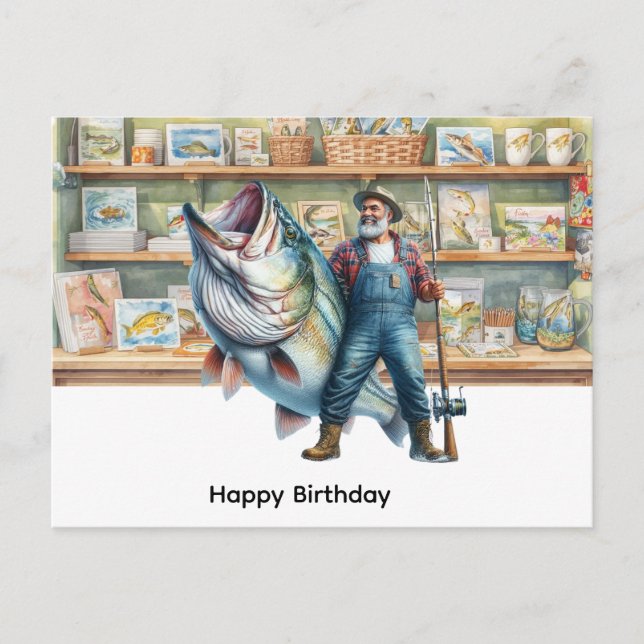 Cartão Postal Pescador compra feliz aniversário (Frente)
