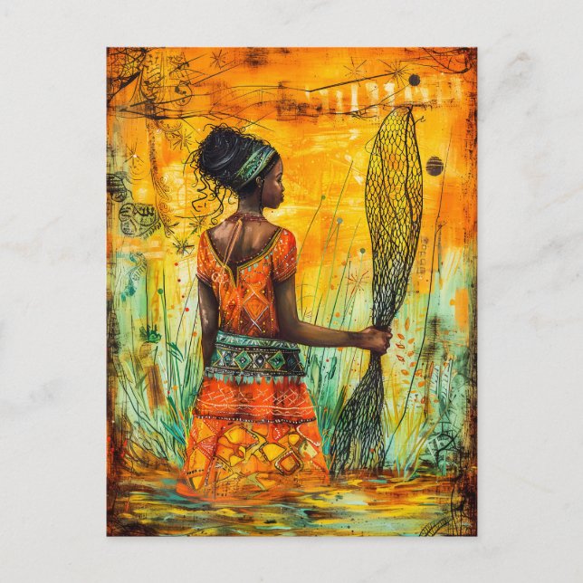 Cartão Postal Pescadora africana com rede (Frente)