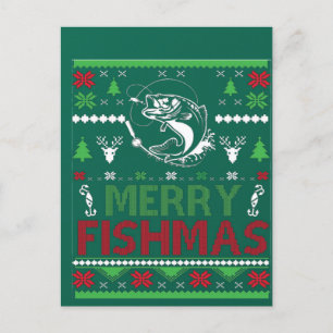 Cartão Postal PESCANDO Peixe de Roupa de Natal Feio, Feliz Fi