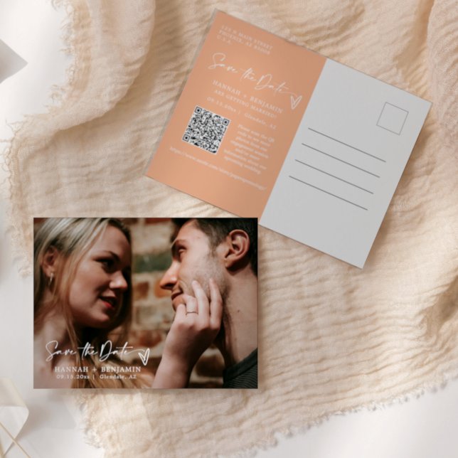 Cartão Postal Pêssego Elegante Simples Salve a Data QR Code Foto (Criador carregado)