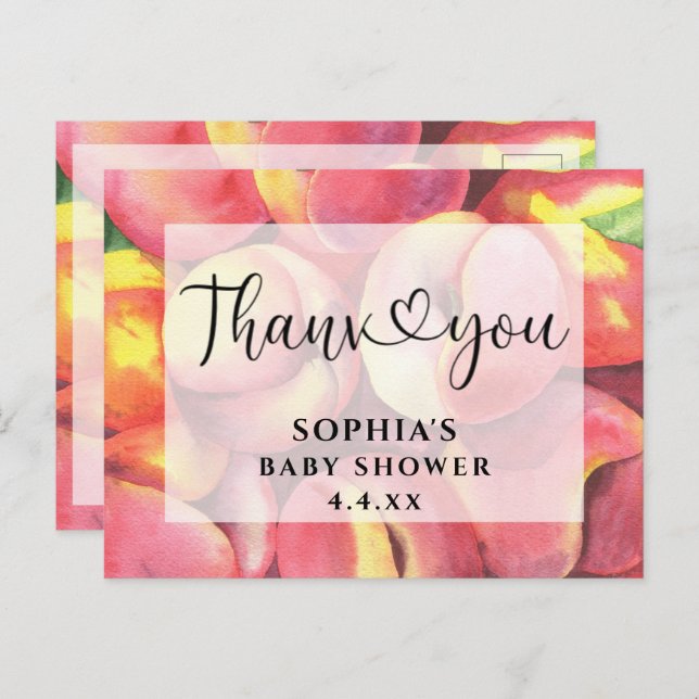 Cartão Postal Pêssegos de aquarela - Obrigado chá de fraldas (Frente/Verso)