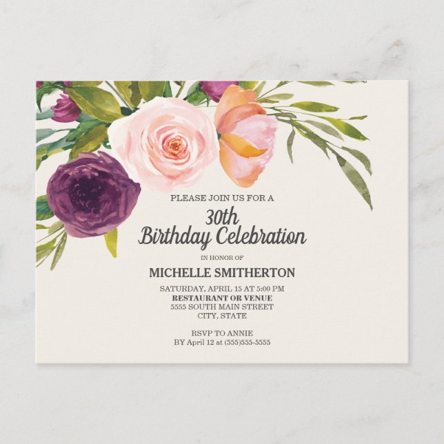 Cartão Postal Pessegueira Aquarela Floral aniversário de 30 anos (Frente)