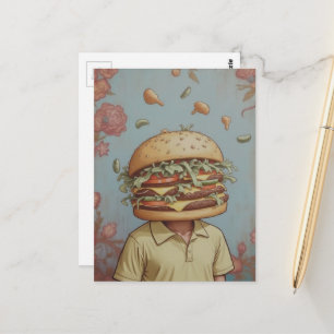 Cartão Postal Pessoa Abstrata Surrealista com Cabeça de Hambúrgu